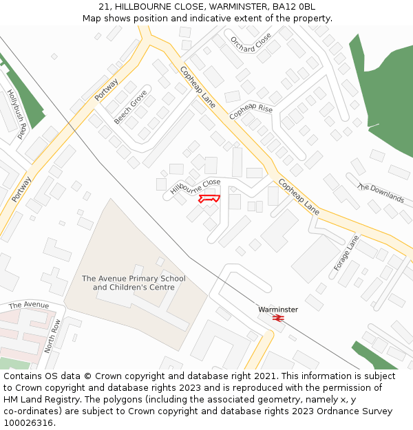 21, HILLBOURNE CLOSE, WARMINSTER, BA12 0BL: Location map and indicative extent of plot