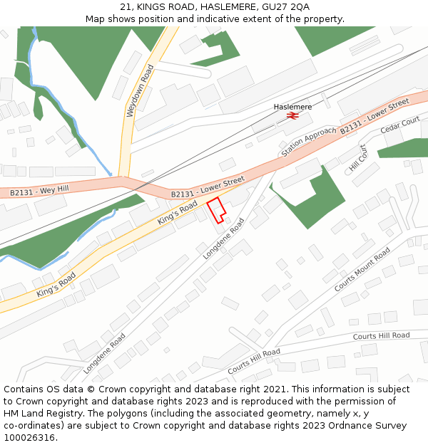 21, KINGS ROAD, HASLEMERE, GU27 2QA: Location map and indicative extent of plot