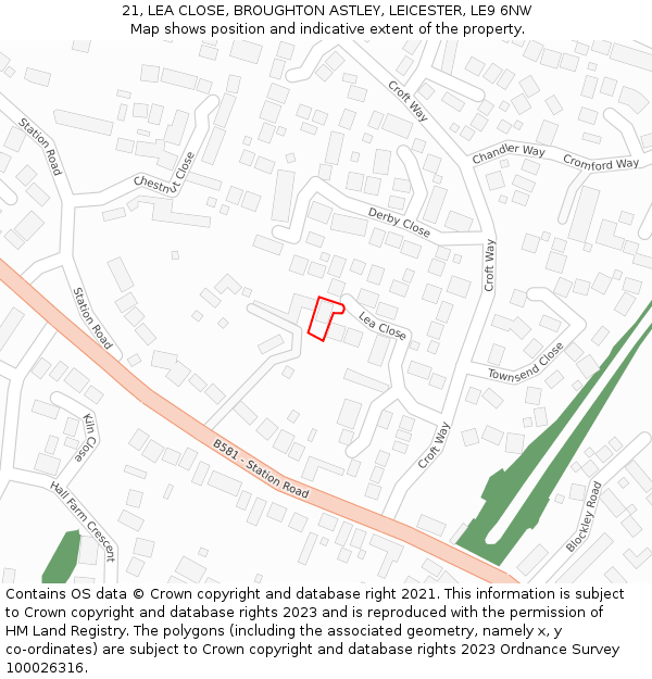 21, LEA CLOSE, BROUGHTON ASTLEY, LEICESTER, LE9 6NW: Location map and indicative extent of plot