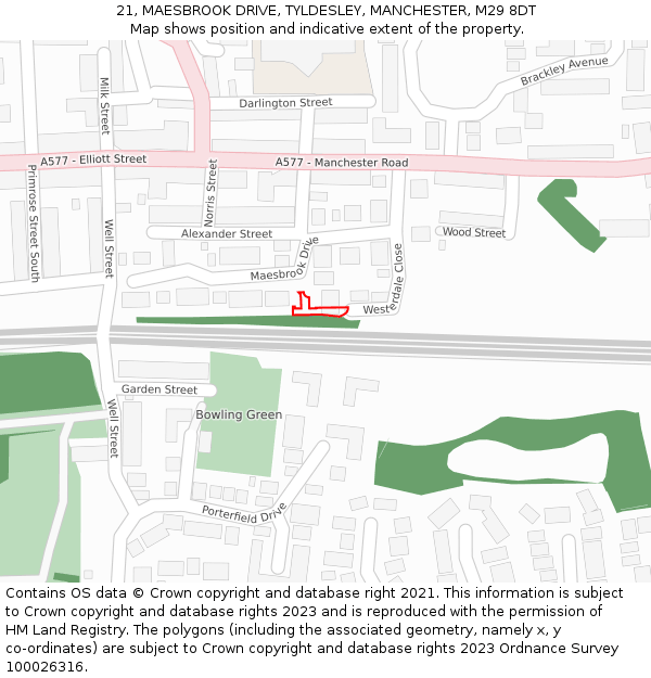21, MAESBROOK DRIVE, TYLDESLEY, MANCHESTER, M29 8DT: Location map and indicative extent of plot