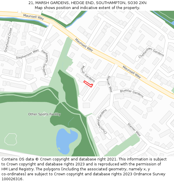 21, MARSH GARDENS, HEDGE END, SOUTHAMPTON, SO30 2XN: Location map and indicative extent of plot