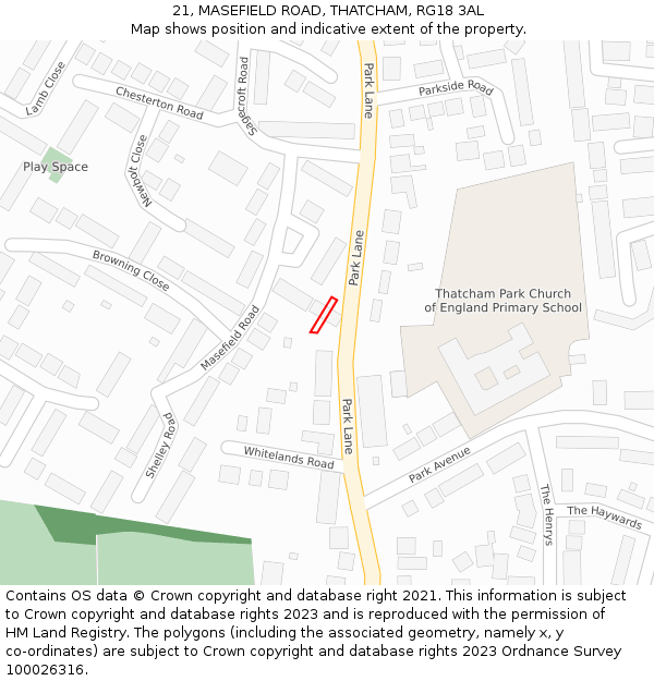 21, MASEFIELD ROAD, THATCHAM, RG18 3AL: Location map and indicative extent of plot