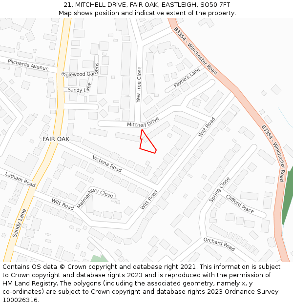 21, MITCHELL DRIVE, FAIR OAK, EASTLEIGH, SO50 7FT: Location map and indicative extent of plot