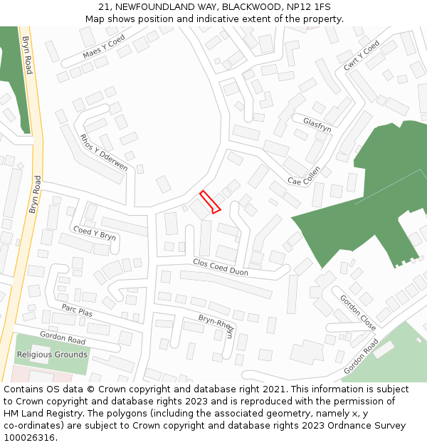 21, NEWFOUNDLAND WAY, BLACKWOOD, NP12 1FS: Location map and indicative extent of plot