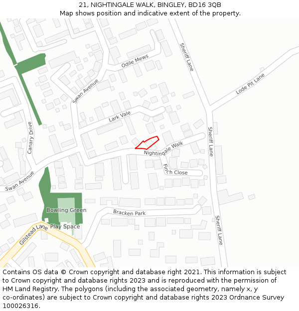 21, NIGHTINGALE WALK, BINGLEY, BD16 3QB: Location map and indicative extent of plot