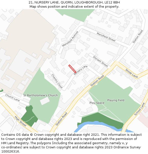 21, NURSERY LANE, QUORN, LOUGHBOROUGH, LE12 8BH: Location map and indicative extent of plot