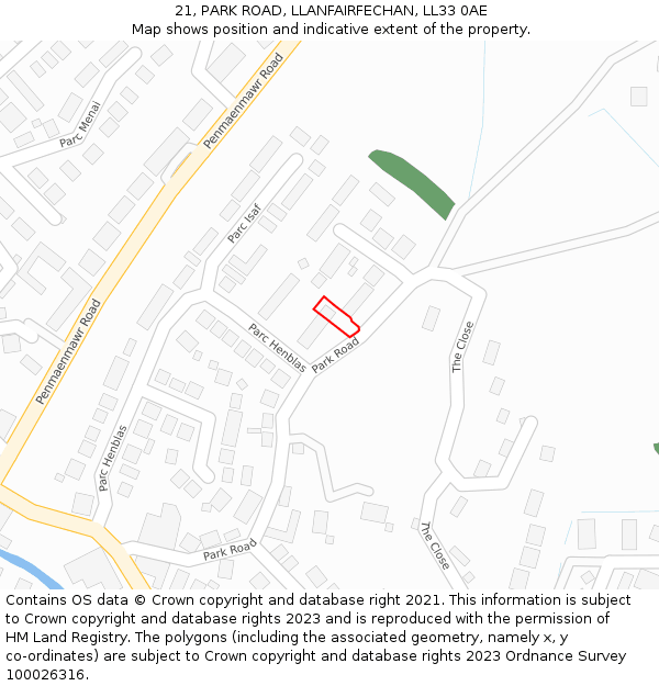 21, PARK ROAD, LLANFAIRFECHAN, LL33 0AE: Location map and indicative extent of plot