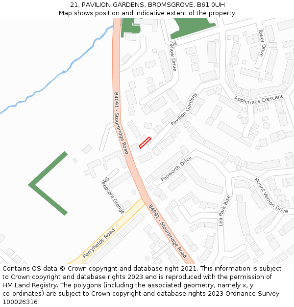 21, PAVILION GARDENS, BROMSGROVE, B61 0UH: Location map and indicative extent of plot