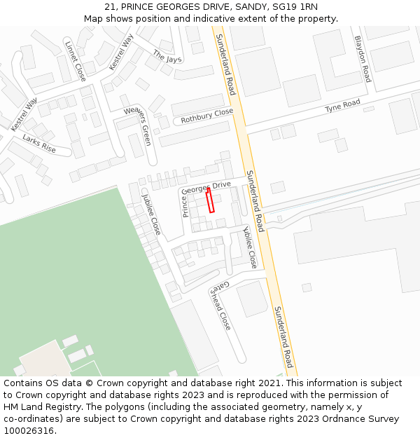 21, PRINCE GEORGES DRIVE, SANDY, SG19 1RN: Location map and indicative extent of plot