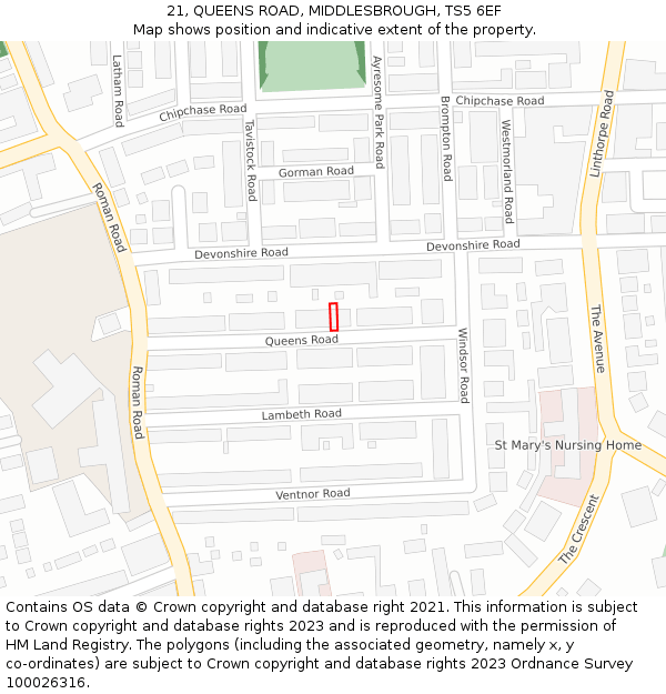 21, QUEENS ROAD, MIDDLESBROUGH, TS5 6EF: Location map and indicative extent of plot