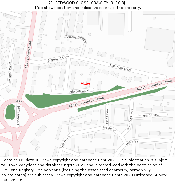 21, REDWOOD CLOSE, CRAWLEY, RH10 8JL: Location map and indicative extent of plot
