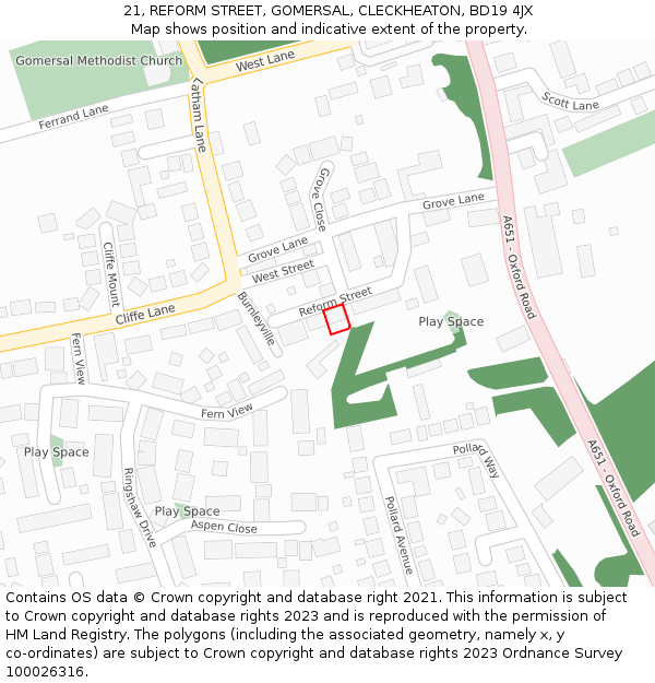 21, REFORM STREET, GOMERSAL, CLECKHEATON, BD19 4JX: Location map and indicative extent of plot
