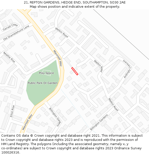 21, REPTON GARDENS, HEDGE END, SOUTHAMPTON, SO30 2AE: Location map and indicative extent of plot