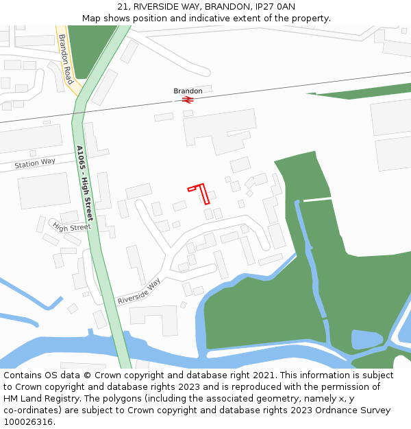 21, RIVERSIDE WAY, BRANDON, IP27 0AN: Location map and indicative extent of plot