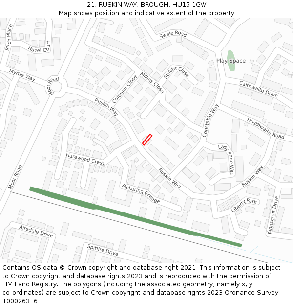 21, RUSKIN WAY, BROUGH, HU15 1GW: Location map and indicative extent of plot