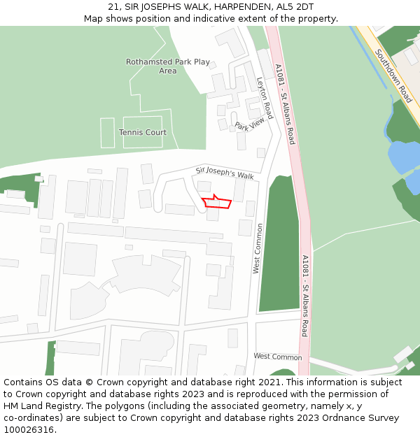 21, SIR JOSEPHS WALK, HARPENDEN, AL5 2DT: Location map and indicative extent of plot