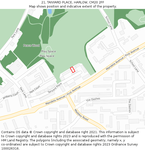 21, TANYARD PLACE, HARLOW, CM20 2FF: Location map and indicative extent of plot