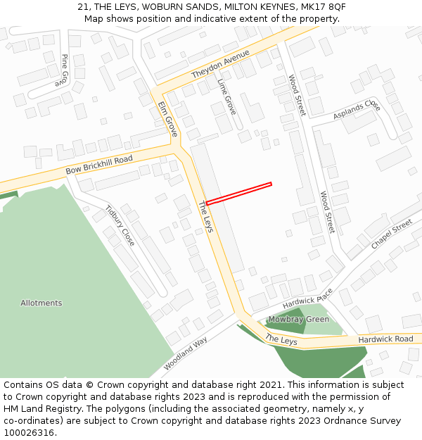 21, THE LEYS, WOBURN SANDS, MILTON KEYNES, MK17 8QF: Location map and indicative extent of plot