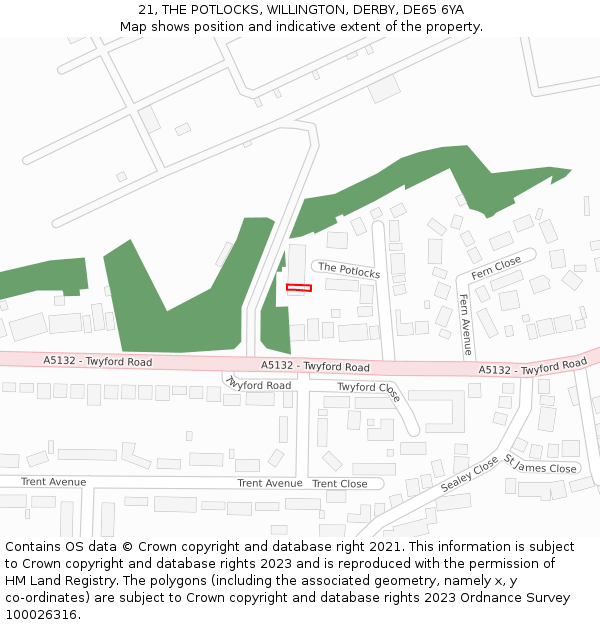 21, THE POTLOCKS, WILLINGTON, DERBY, DE65 6YA: Location map and indicative extent of plot