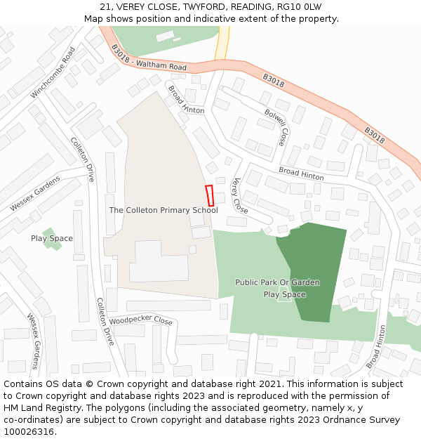 21, VEREY CLOSE, TWYFORD, READING, RG10 0LW: Location map and indicative extent of plot