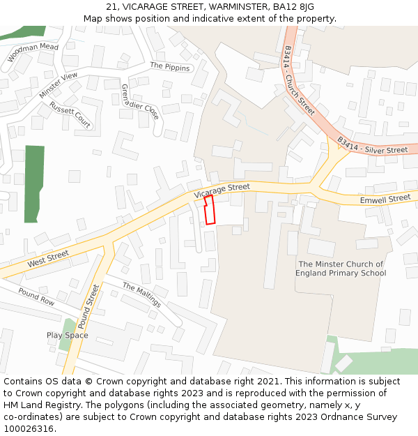 21, VICARAGE STREET, WARMINSTER, BA12 8JG: Location map and indicative extent of plot