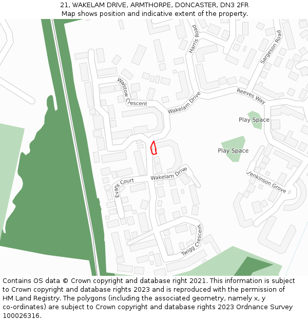 21, WAKELAM DRIVE, ARMTHORPE, DONCASTER, DN3 2FR: Location map and indicative extent of plot