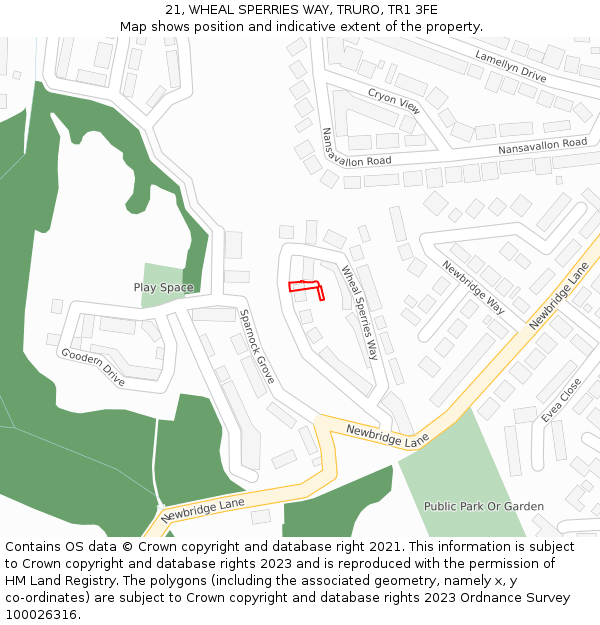 21, WHEAL SPERRIES WAY, TRURO, TR1 3FE: Location map and indicative extent of plot