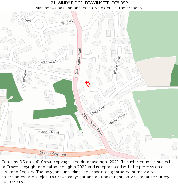 21, WINDY RIDGE, BEAMINSTER, DT8 3SP: Location map and indicative extent of plot