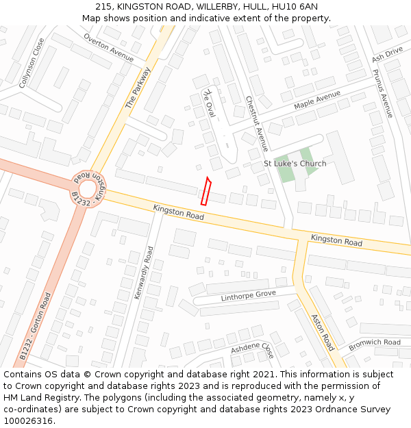 215, KINGSTON ROAD, WILLERBY, HULL, HU10 6AN: Location map and indicative extent of plot