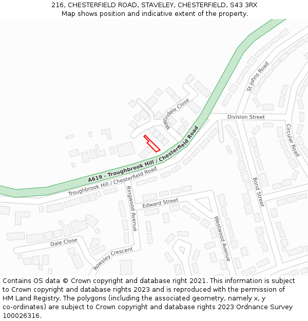 216, CHESTERFIELD ROAD, STAVELEY, CHESTERFIELD, S43 3RX: Location map and indicative extent of plot