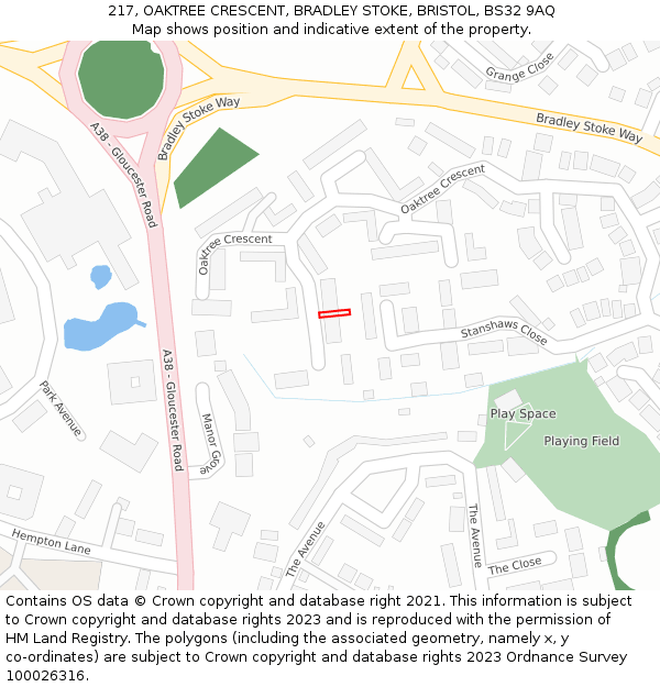 217, OAKTREE CRESCENT, BRADLEY STOKE, BRISTOL, BS32 9AQ: Location map and indicative extent of plot