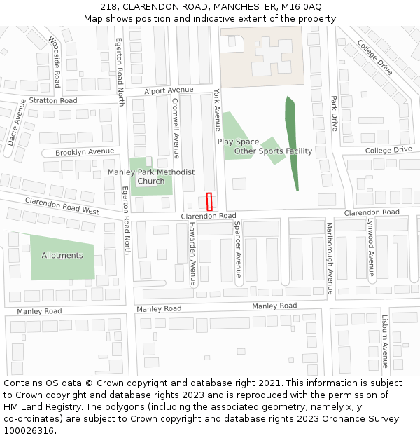 218, CLARENDON ROAD, MANCHESTER, M16 0AQ: Location map and indicative extent of plot