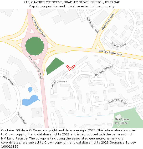 218, OAKTREE CRESCENT, BRADLEY STOKE, BRISTOL, BS32 9AE: Location map and indicative extent of plot