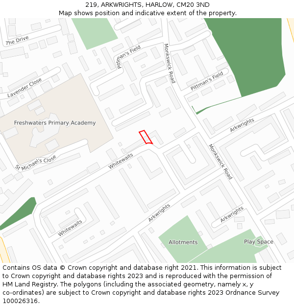 219, ARKWRIGHTS, HARLOW, CM20 3ND: Location map and indicative extent of plot