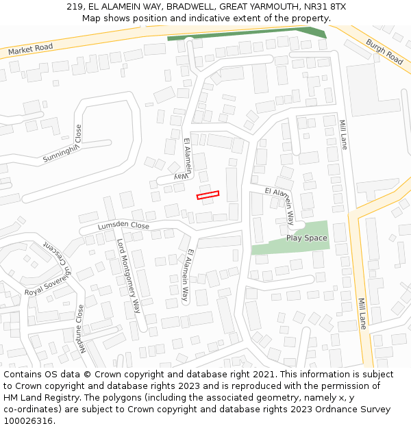 219, EL ALAMEIN WAY, BRADWELL, GREAT YARMOUTH, NR31 8TX: Location map and indicative extent of plot