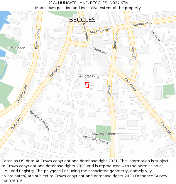 21A, HUNGATE LANE, BECCLES, NR34 9TN: Location map and indicative extent of plot