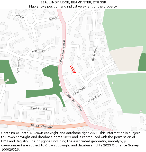 21A, WINDY RIDGE, BEAMINSTER, DT8 3SP: Location map and indicative extent of plot