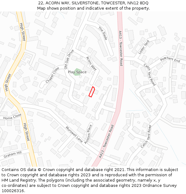22, ACORN WAY, SILVERSTONE, TOWCESTER, NN12 8DQ: Location map and indicative extent of plot