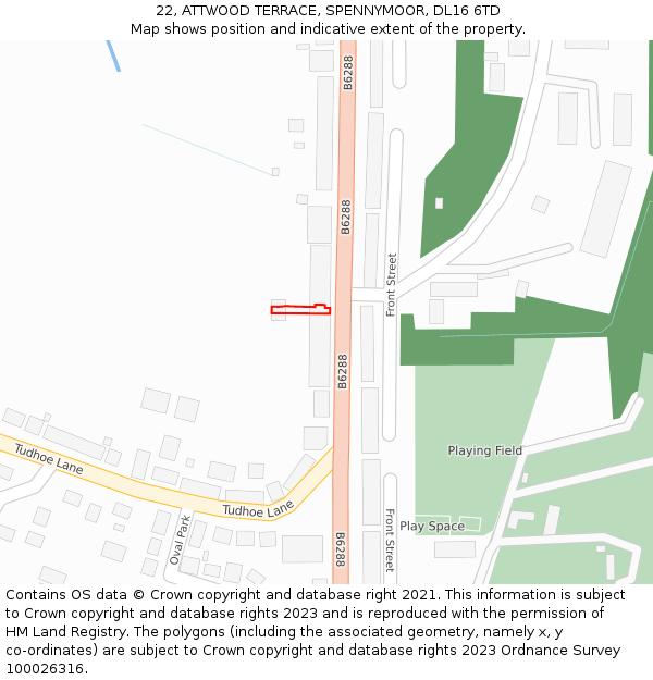 22, ATTWOOD TERRACE, SPENNYMOOR, DL16 6TD: Location map and indicative extent of plot