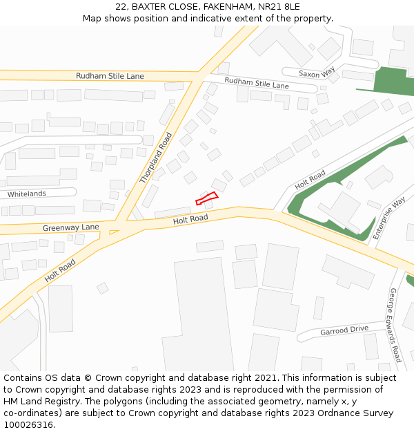 22, BAXTER CLOSE, FAKENHAM, NR21 8LE: Location map and indicative extent of plot