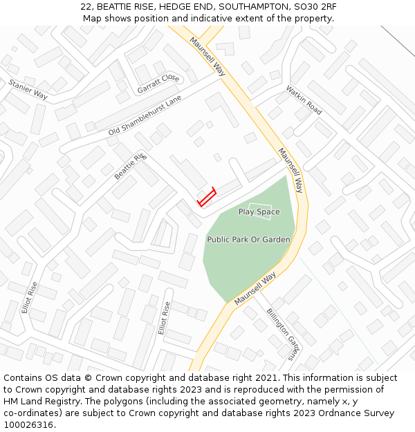 22, BEATTIE RISE, HEDGE END, SOUTHAMPTON, SO30 2RF: Location map and indicative extent of plot