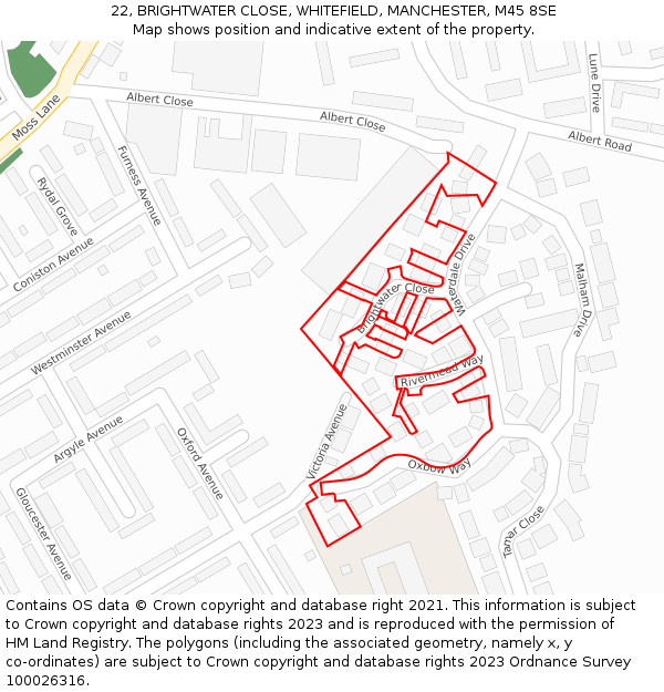 22, BRIGHTWATER CLOSE, WHITEFIELD, MANCHESTER, M45 8SE: Location map and indicative extent of plot