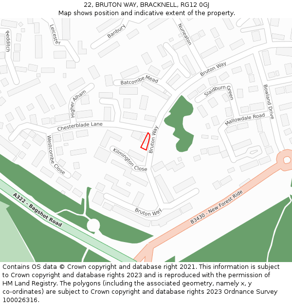 22, BRUTON WAY, BRACKNELL, RG12 0GJ: Location map and indicative extent of plot