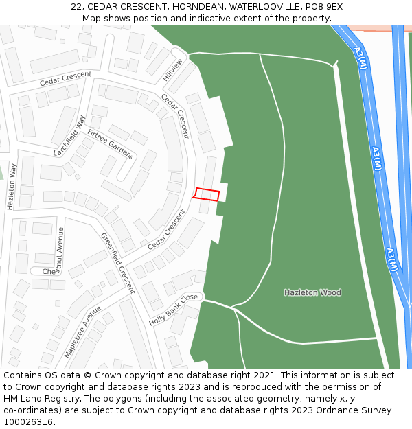 22, CEDAR CRESCENT, HORNDEAN, WATERLOOVILLE, PO8 9EX: Location map and indicative extent of plot