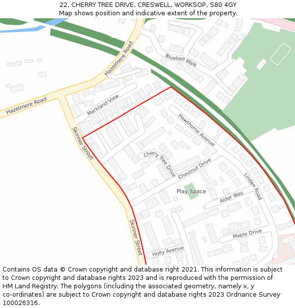 22, CHERRY TREE DRIVE, CRESWELL, WORKSOP, S80 4GY: Location map and indicative extent of plot