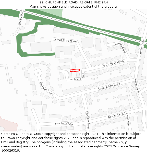 22, CHURCHFIELD ROAD, REIGATE, RH2 9RH: Location map and indicative extent of plot