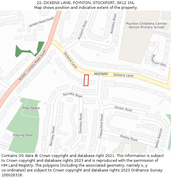 22, DICKENS LANE, POYNTON, STOCKPORT, SK12 1NL: Location map and indicative extent of plot