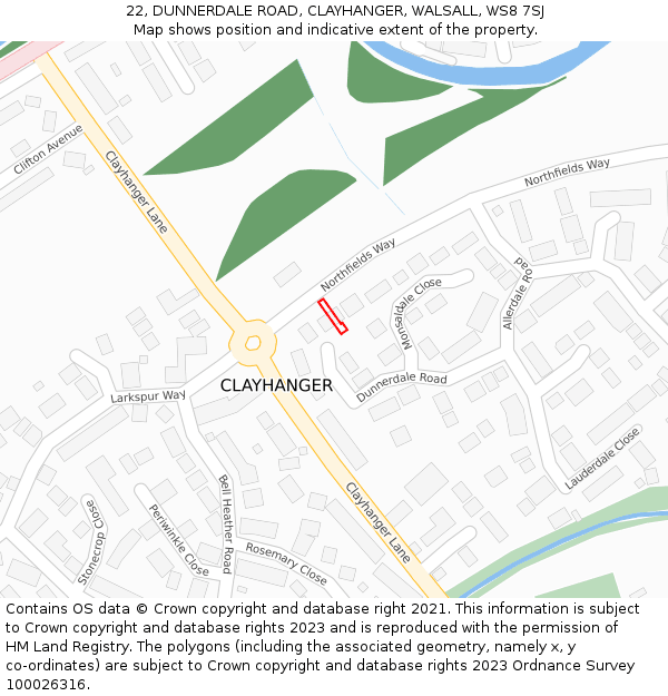 22, DUNNERDALE ROAD, CLAYHANGER, WALSALL, WS8 7SJ: Location map and indicative extent of plot