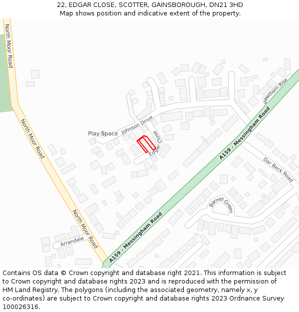 22, EDGAR CLOSE, SCOTTER, GAINSBOROUGH, DN21 3HD: Location map and indicative extent of plot
