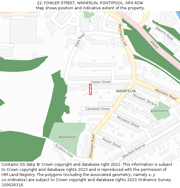 22, FOWLER STREET, WAINFELIN, PONTYPOOL, NP4 6DW: Location map and indicative extent of plot